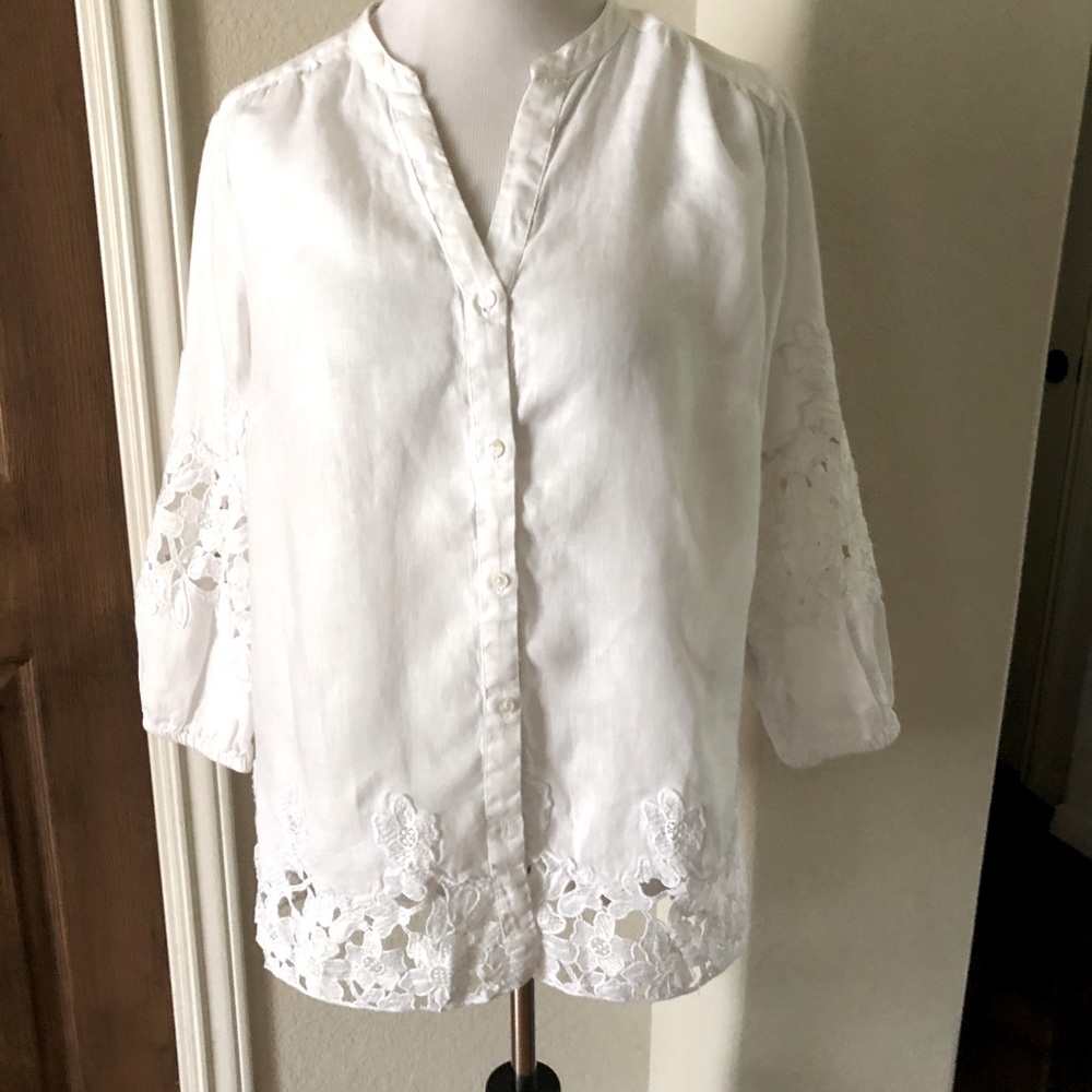 Charter Club Linen Top Embroidered White Coastal Grandma Chore Coat Small Lace